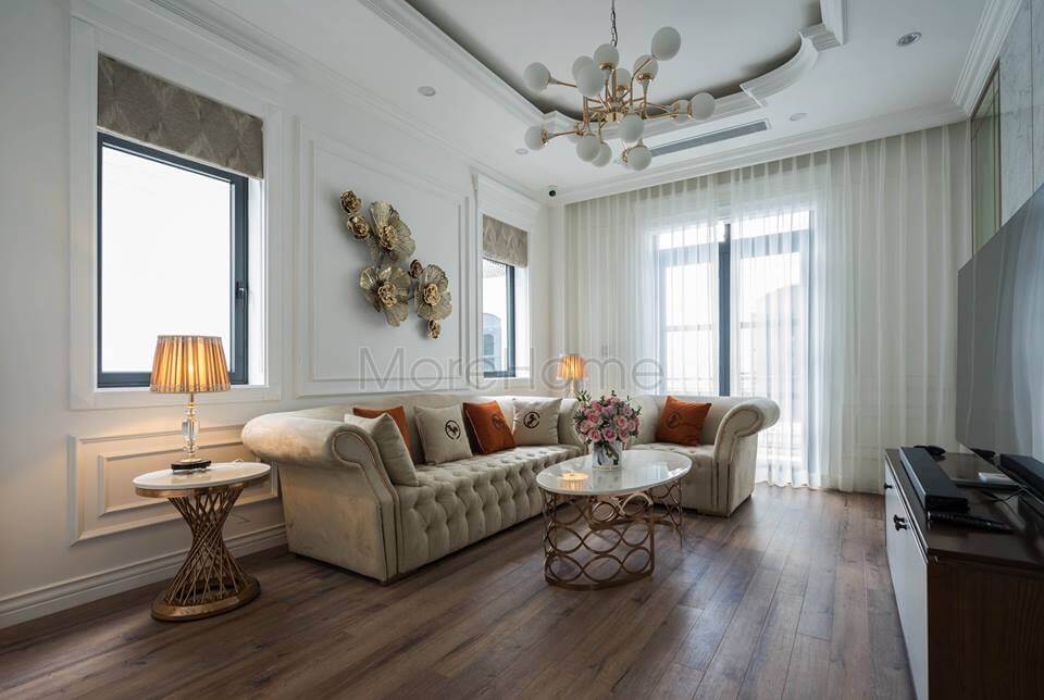 Sanh chảnh với không gian nội thất phòng khách mang đậm phong cách tân cổ điển màu trung tính Mẫu thiết kế và thi công nội thất biệt thự