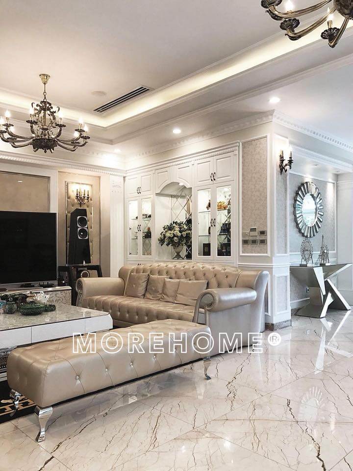 Không gian phòng khách biệt thự kiểu Pháp lấy tông màu trắng be làm chủ đạo Mẫu thiết kế và thi công nội thất biệt thự