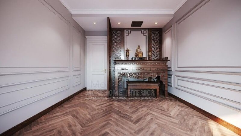 Tủ thờ kết hợp vách ngăn gỗ đẹp tạo nét trang trọng cho phòng thờ chung cư, biệt thự, nhà phố. Mẫu thiết kế và thi công nội thất biệt thự