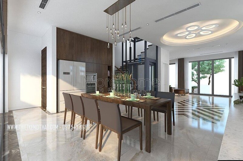 Thiết kế phòng ăn biệt thự cao cấp với bộ bàn ăn gỗ tự nhiên tạo điểm nhấn nổi bật cho không gian Thiết kế phòng ăn biệt thự