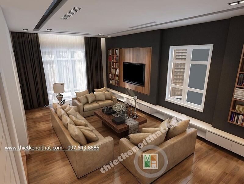 Mẫu sofa phòng khách bọc da cao cấp tone màu vàng hiện đại kết hợp bàn trà gỗ tự nhiên ấn tượng, sang trọng