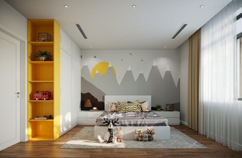 Giường ngủ gỗ công nghiệp màu trắng đẹp cho phòng bé.