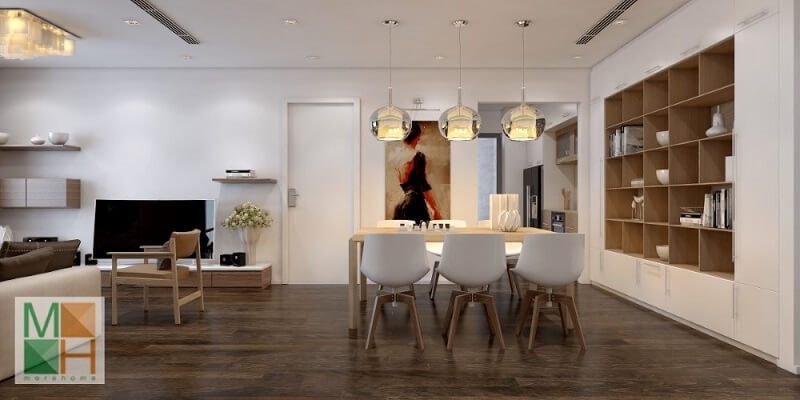 Thiết kế không gian phòng ăn chung cư tiện nghi liên kề với phòng khách mang đến cảm giác thoải mái tiện nghi.